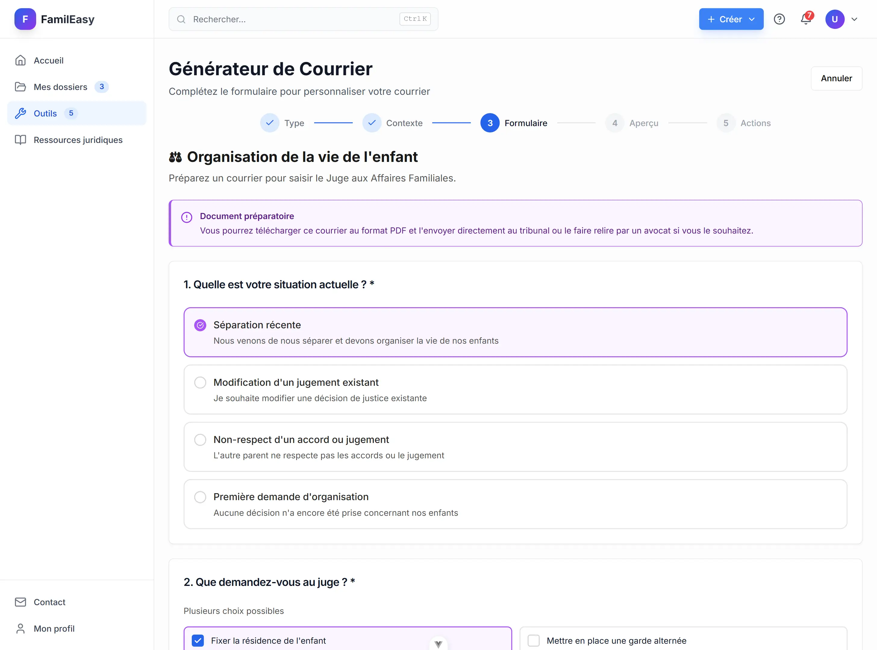 Capture d'écran Famileasy - Rédigez votre courrier au JAF