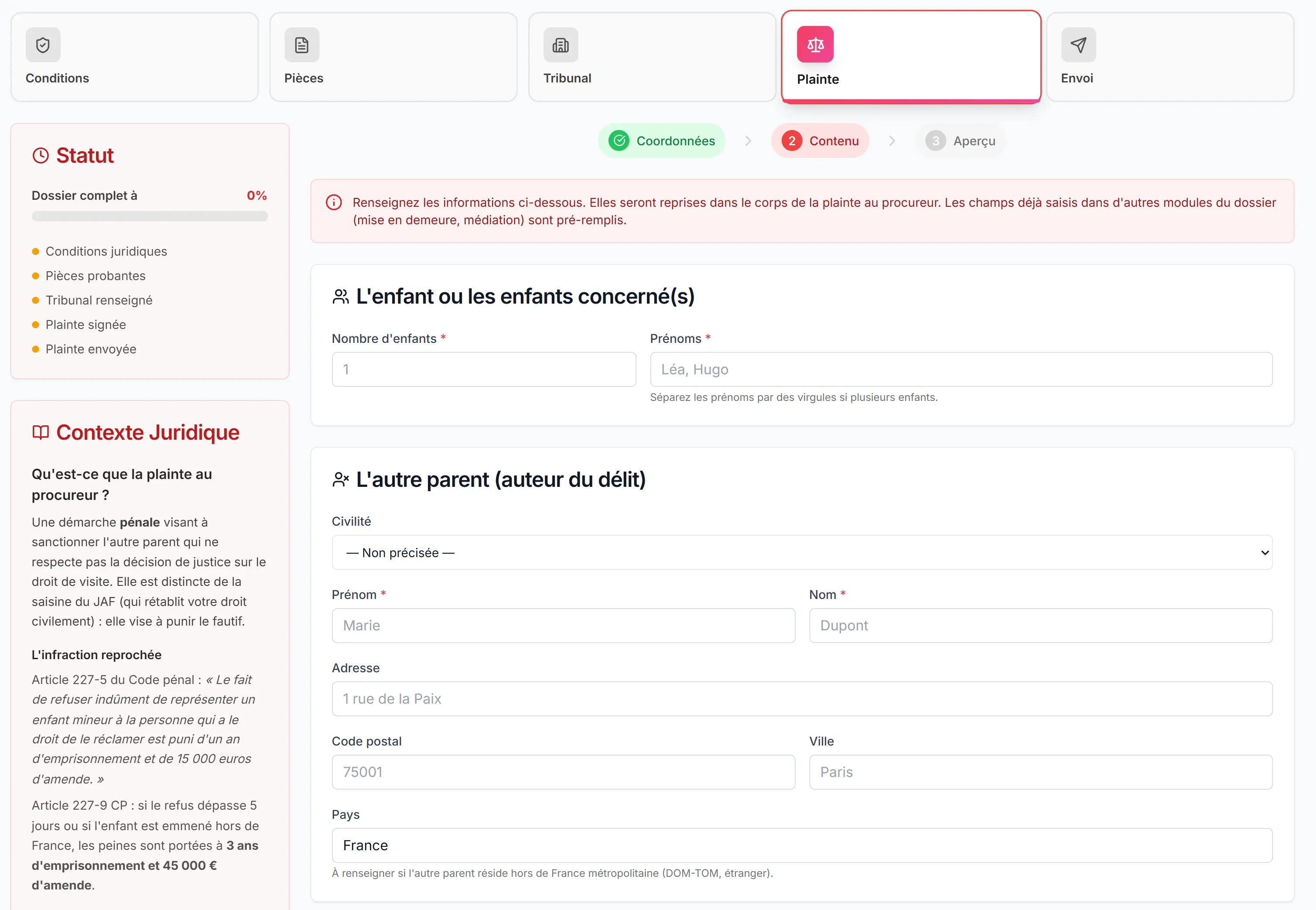 Capture d'écran Famileasy - Plainte pour non-représentation