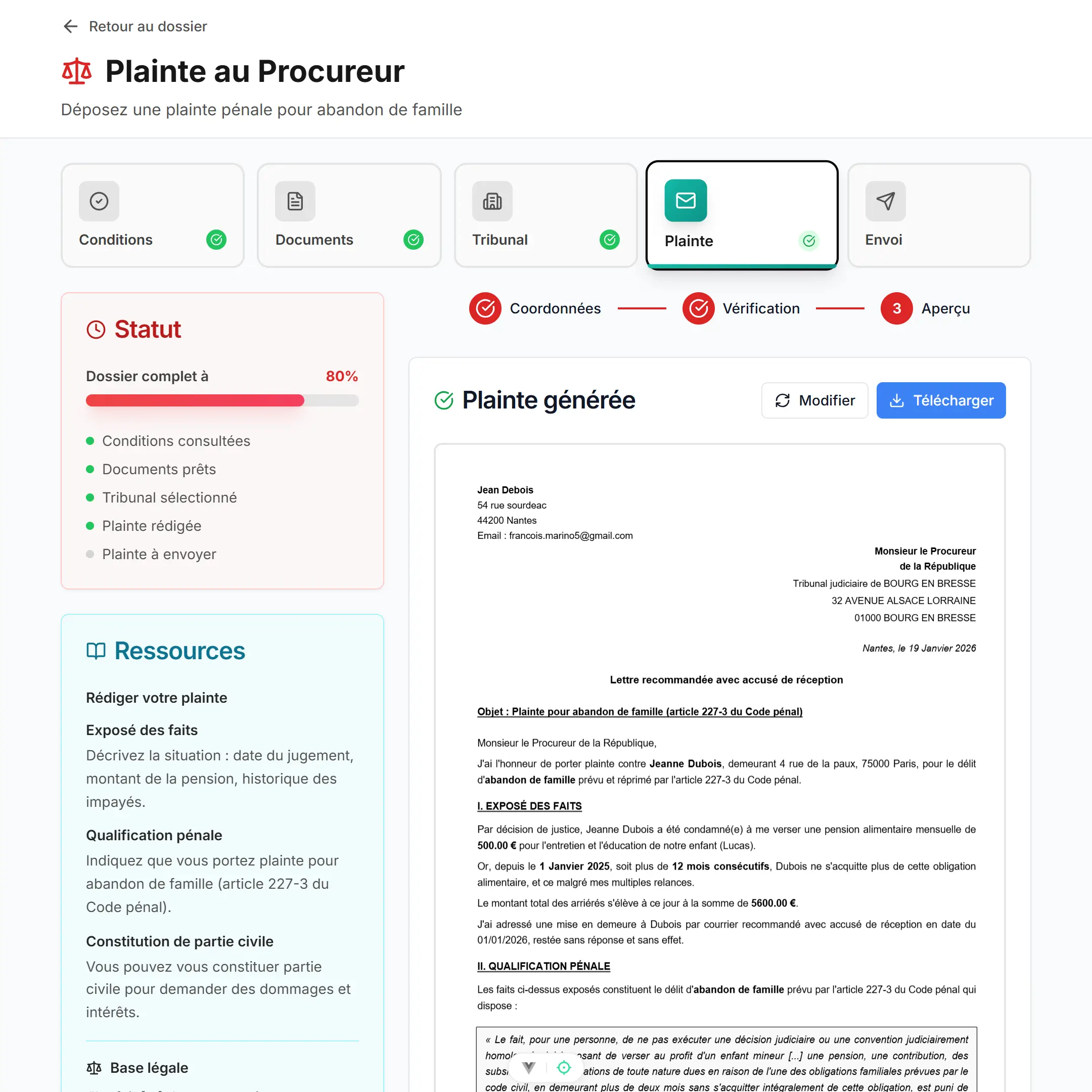 Capture d'écran Famileasy - Déposer plainte pour abandon de famille